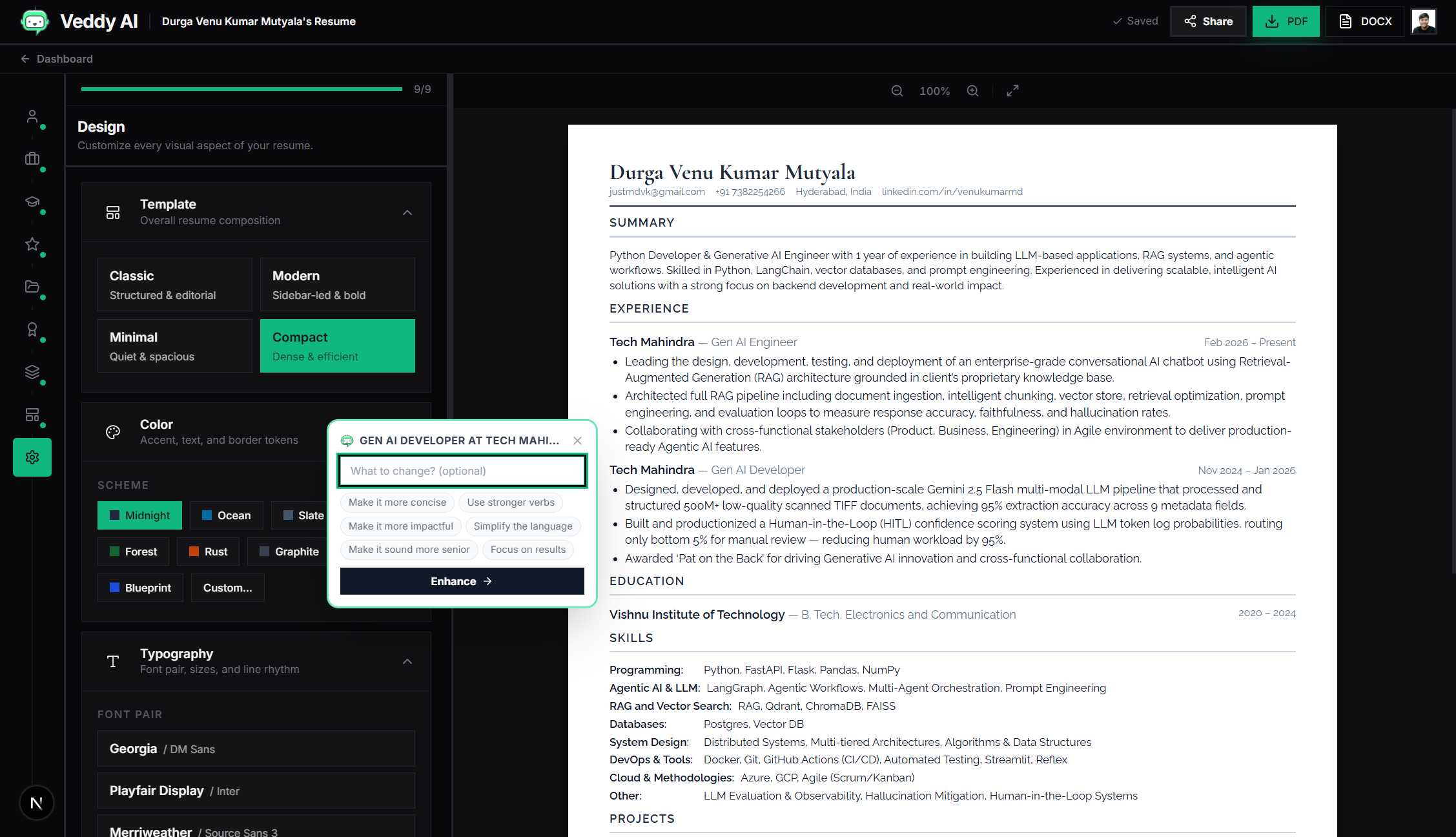 Veddy AI Premium Resume Builder Workspace